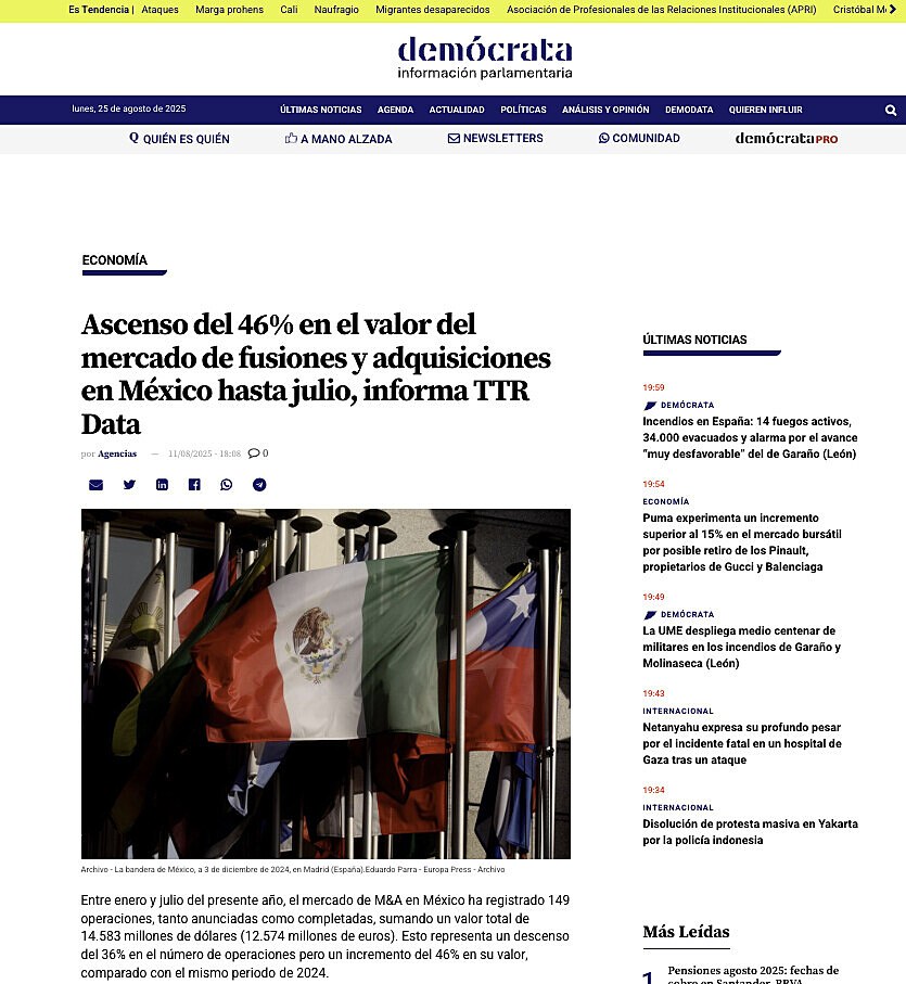 Ascenso del 46% en el valor del mercado de fusiones y adquisiciones en Mxico hasta julio, informa TTR Data
